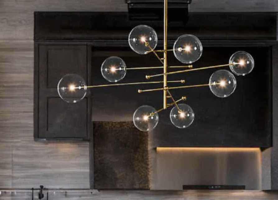 Photo 1 of NIB-SKYLER 50” ROUND BLACK & GOLD TRANSLUCENT INDUSTRIAL STYLE BUBBLE LED 8 HEAD ALUMINUM & GLASS CHANDELIER H30” LL-1016-MF