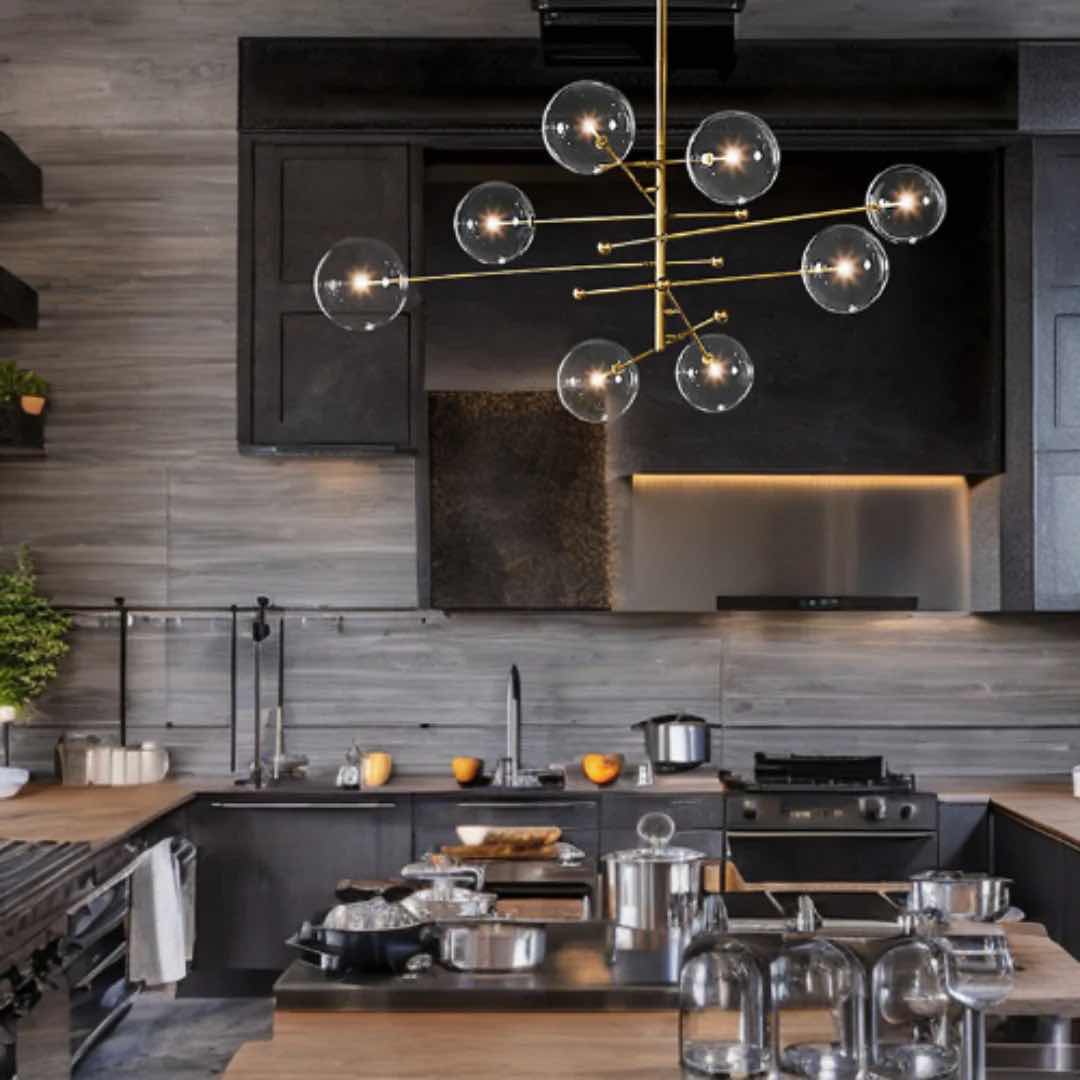 Photo 1 of NIB-SKYLER 50” ROUND BLACK & GOLD TRANSLUCENT INDUSTRIAL STYLE BUBBLE LED 8 HEAD ALUMINUM & GLASS CHANDELIER H30” LL-1016-MF