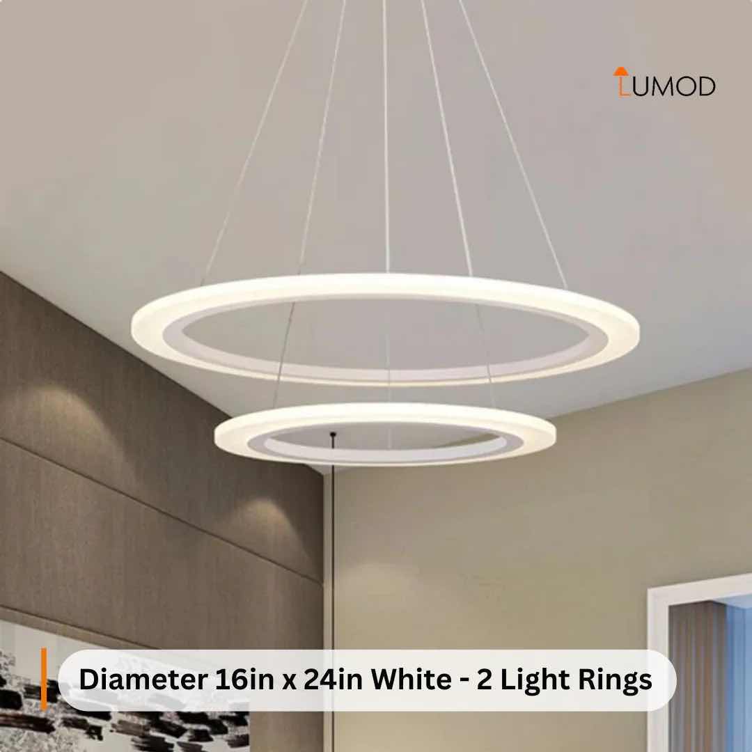Photo 1 of NIB-HELGA CONTEMPORARY NORDIC HANGING RING CHANDELIER D16” x 24” (2 RINGS) WHITE METAL,ALUMINUM, ACRYLIC  #1089  