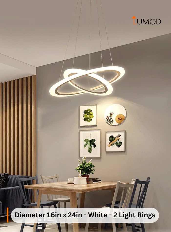 Photo 1 of NIB-HELGA CONTEMPORARY NORDIC HANGING RING CHANDELIER D16” x 24” (2 RINGS) WHITE METAL,ALUMINUM, ACRYLIC  #1089  