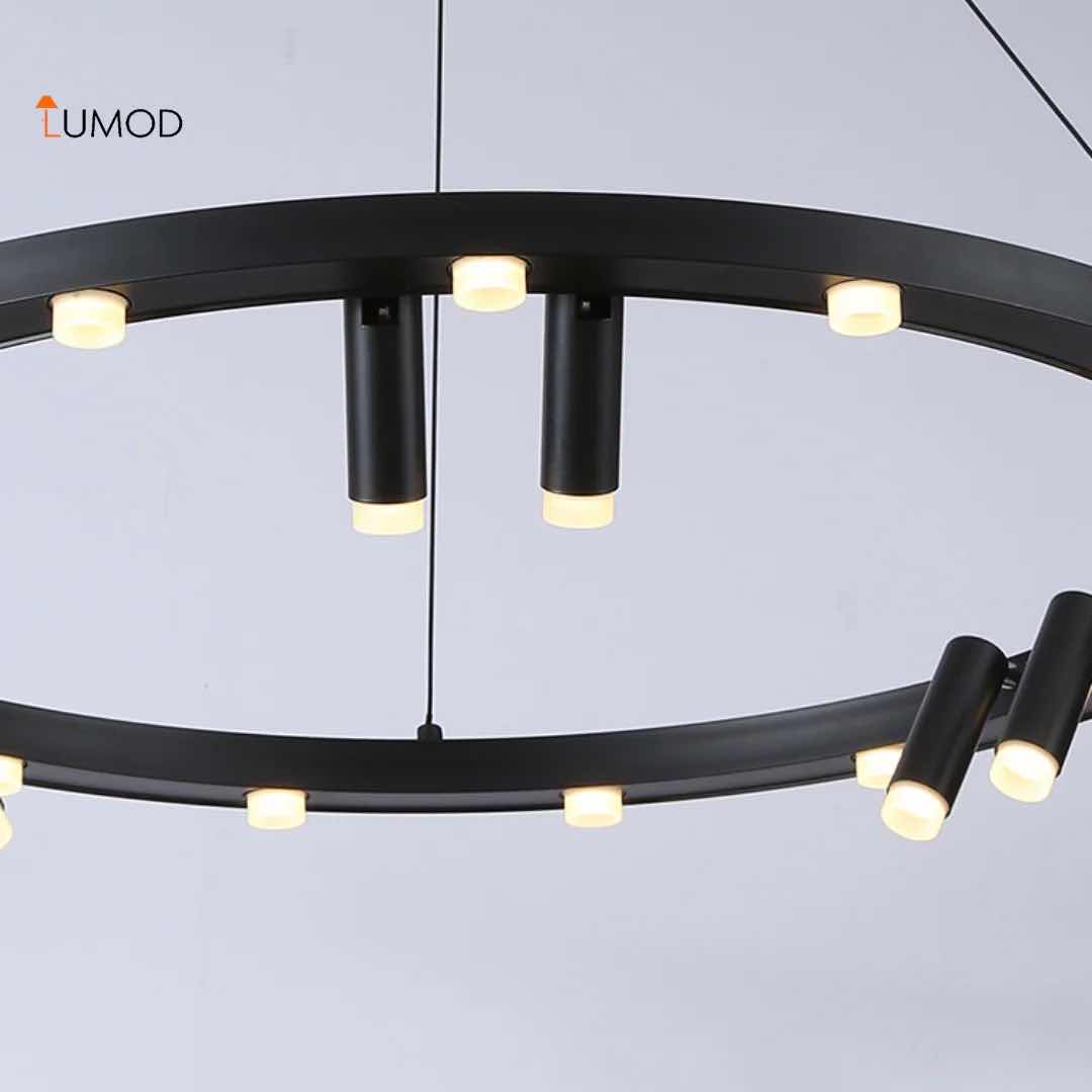 Photo 1 of NIB-KORA MINIMALIST ROUND SHAPE LED CHANDELIER D30” x H48” BLACK METAL & ALUMINUM, ACRYLIC  #1094 