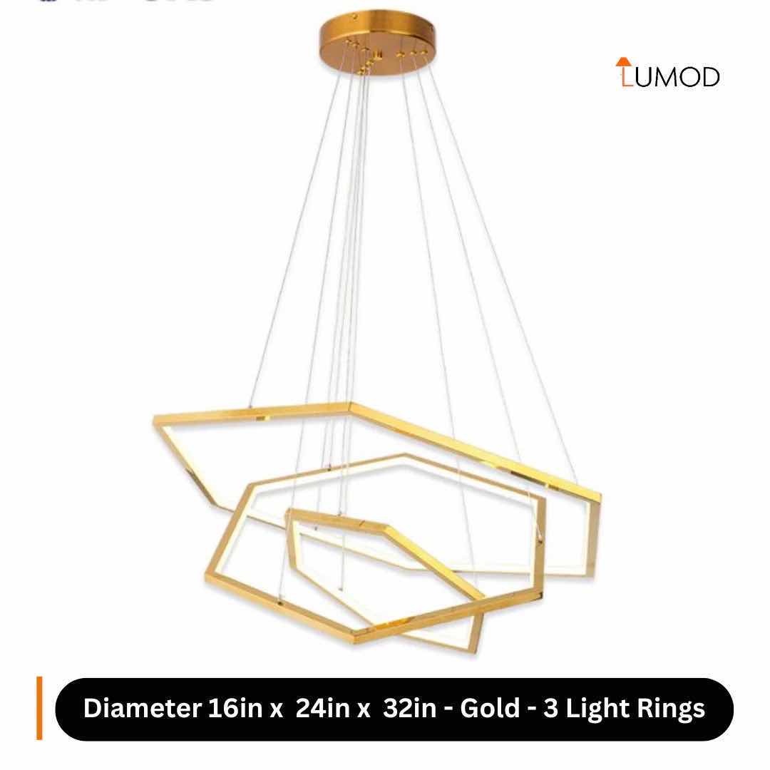Photo 1 of NIB-CECILY GOLD HEXAGON LED PENDANT LIGHT D24”x32”x40” GOLD METAL STAINLESS STEEL, ACRYLIC  #1113  