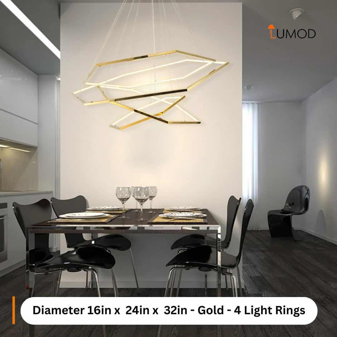 Photo 1 of NIB-CECILY GOLD HEXAGON LED PENDANT LIGHT D24”x32”x40” GOLD METAL STAINLESS STEEL, ACRYLIC  #1113  