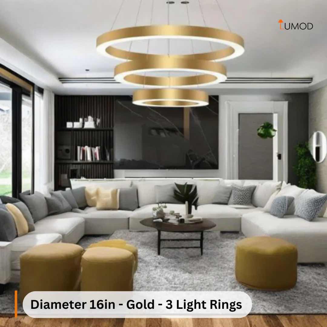 Photo 1 of NIB-FAYE MULTIPLE RING LED LUXURY CIRCULAR GOLD LIGHTING  D16”x 24” x 32” GOLD METAL , STAINLESS STEEL, ACRYLIC  #1102 