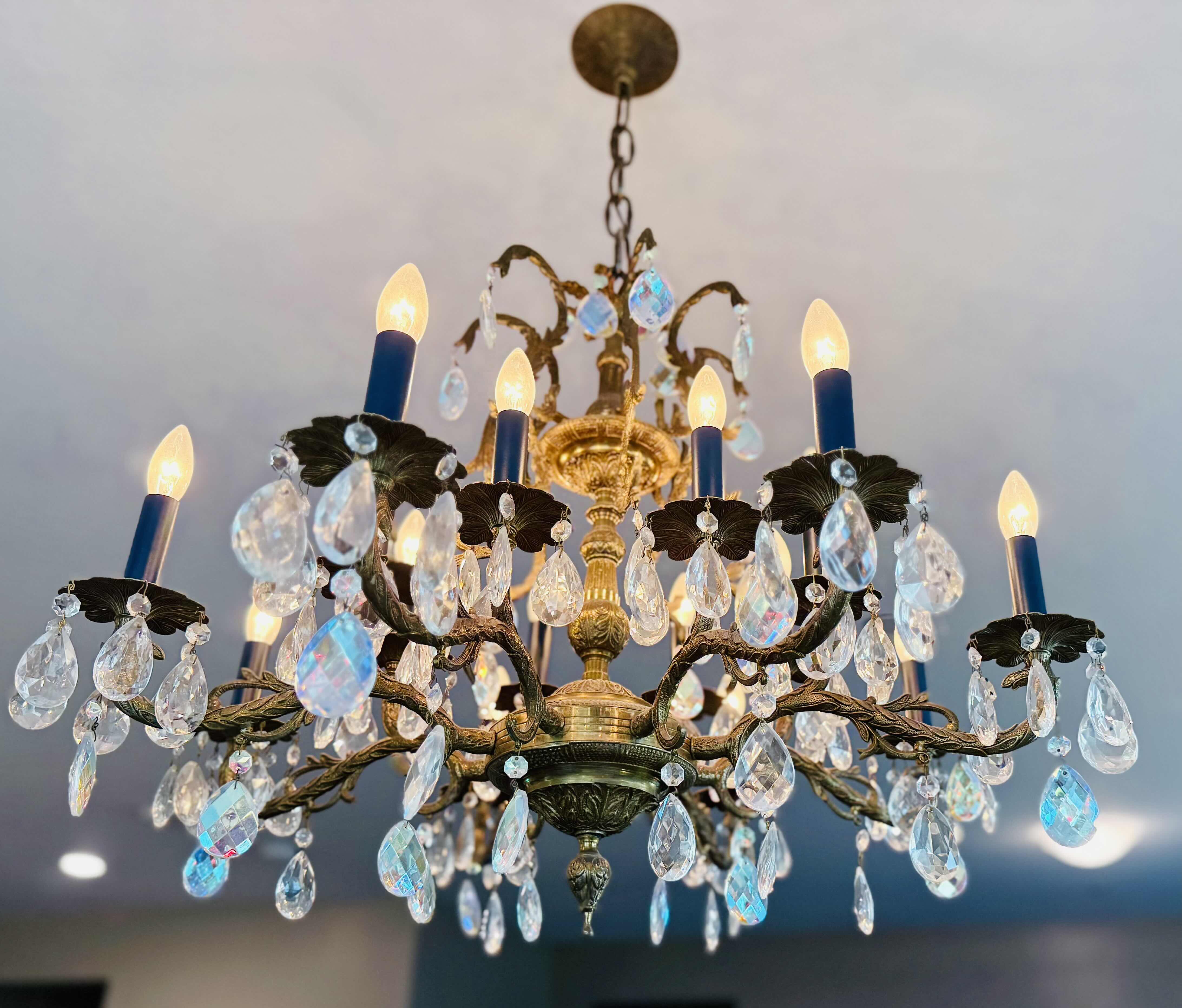 Photo 1 of BRASS BRONZE W CRYSTAL PENDANTS CANDLE-STYLE CHANDELIER