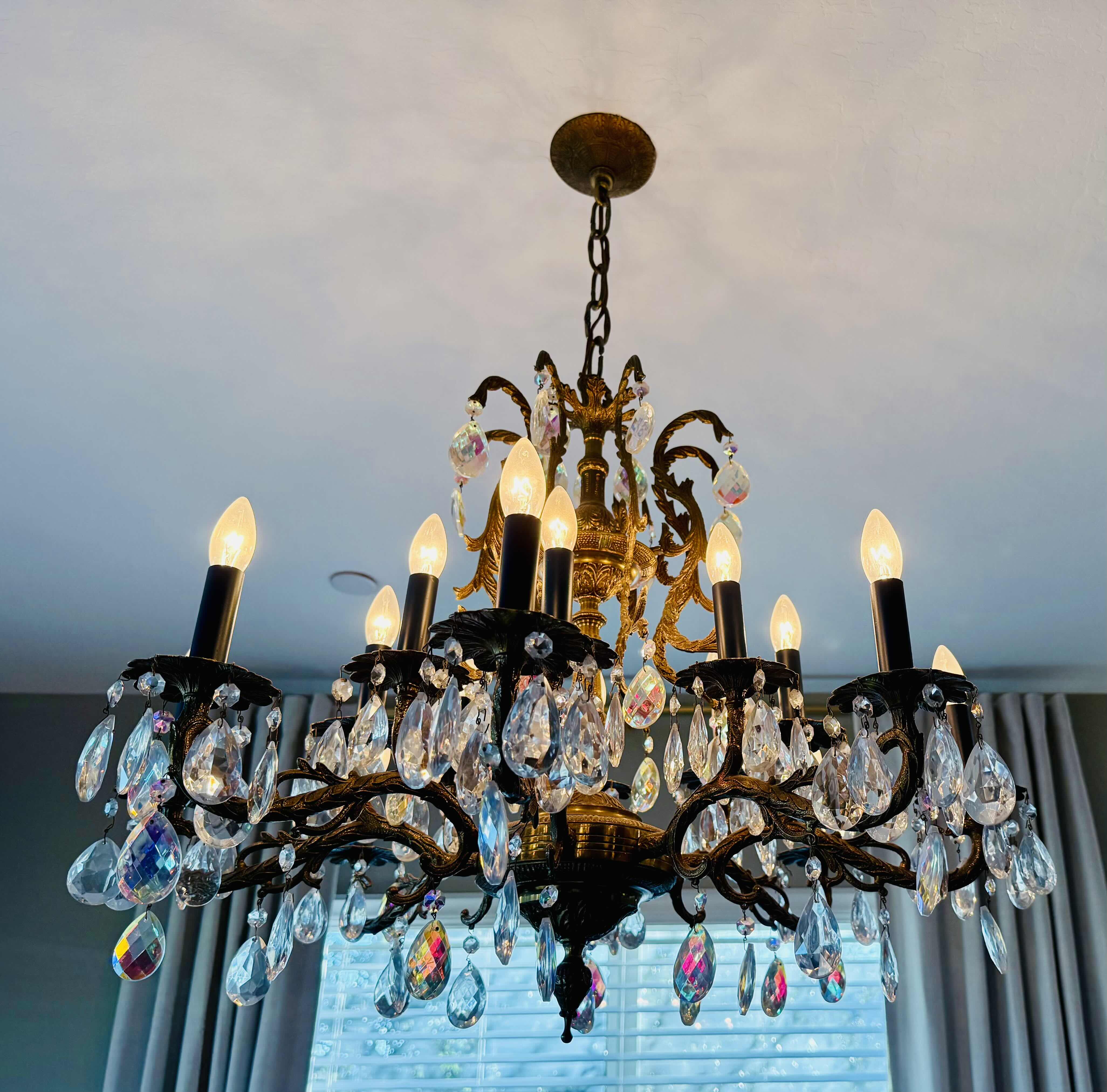 Photo 1 of BRASS BRONZE W CRYSTAL PENDANTS CANDLE-STYLE CHANDELIER