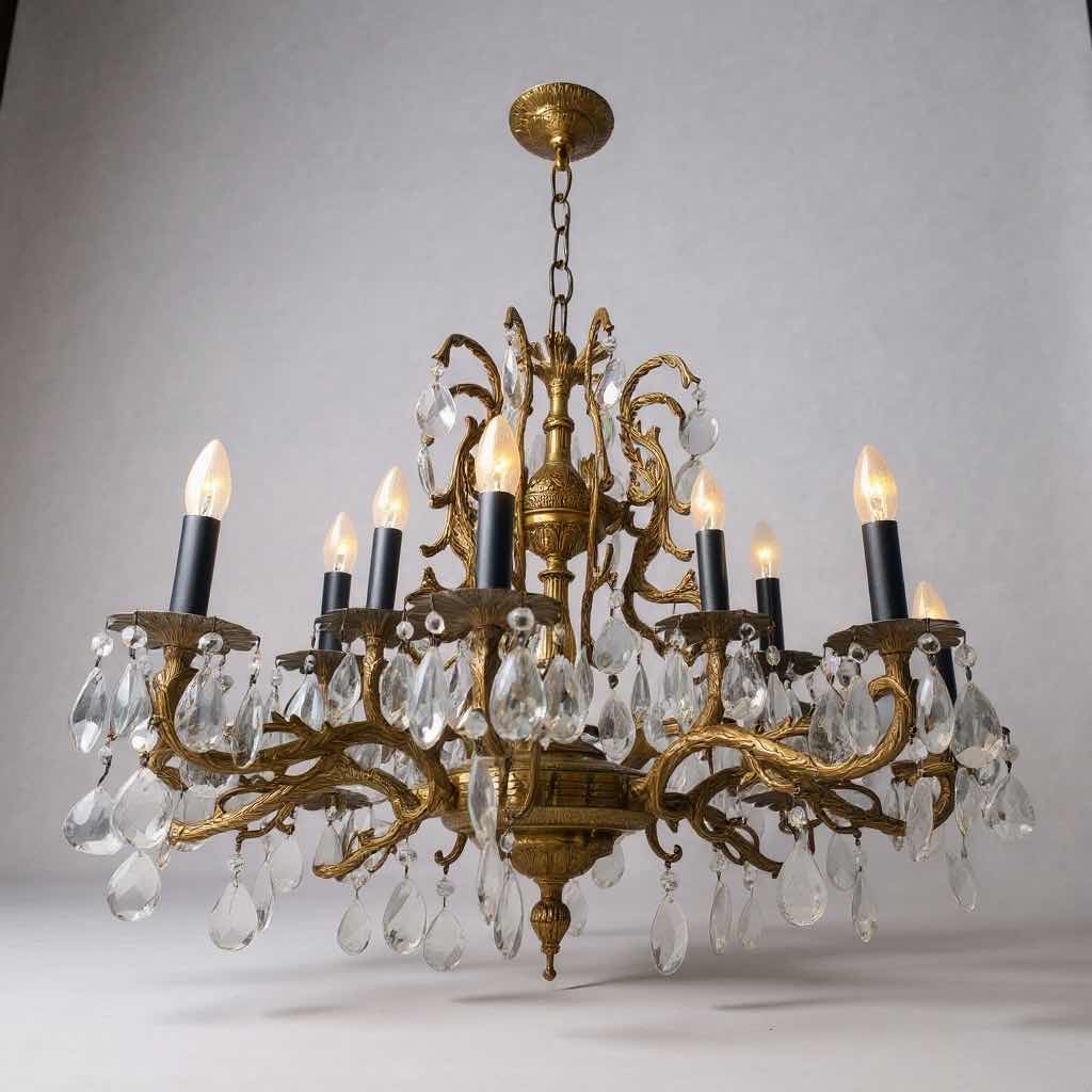 Photo 1 of BRASS BRONZE W CRYSTAL PENDANTS CANDLE-STYLE CHANDELIER