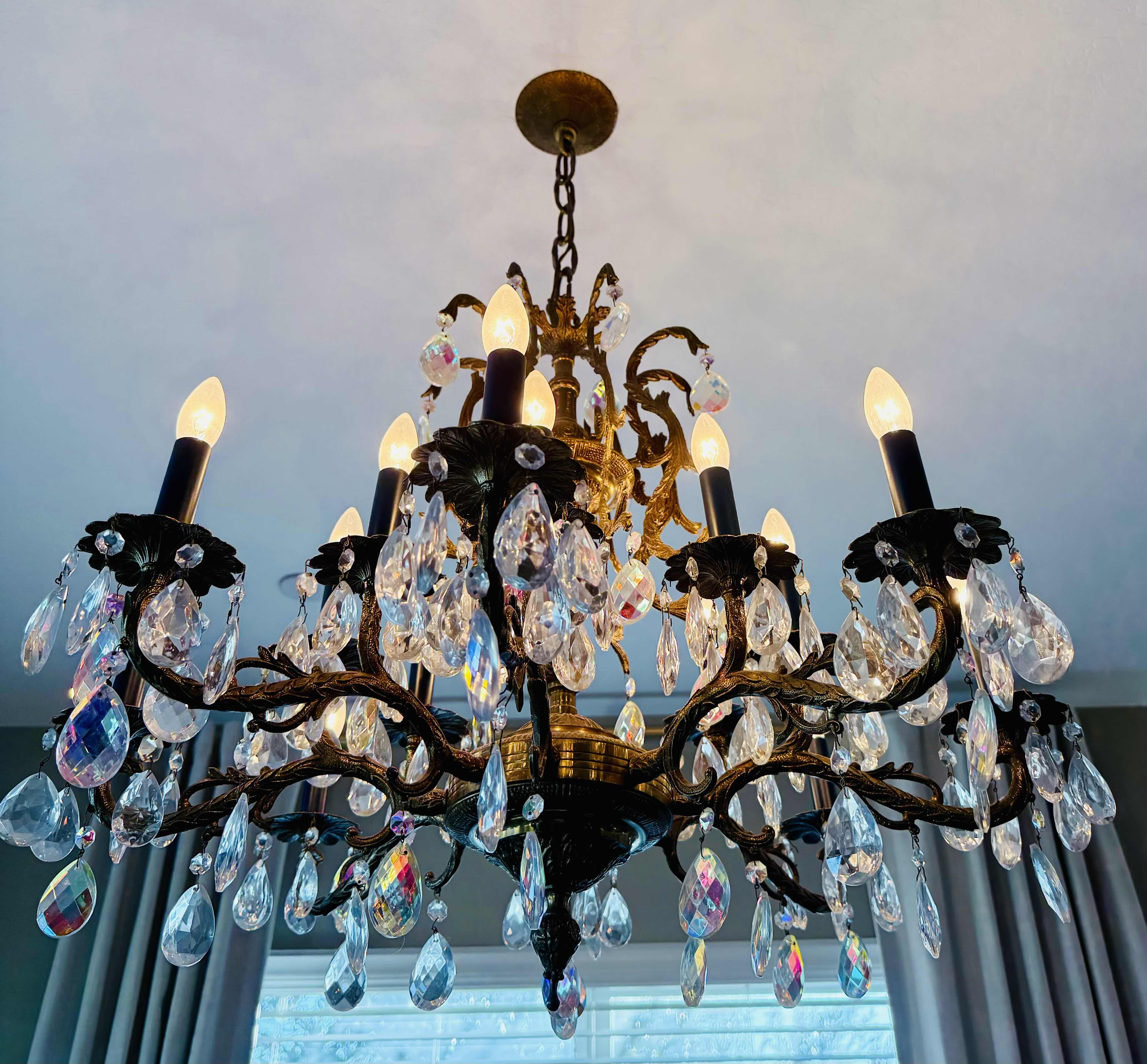 Photo 1 of BRASS BRONZE W CRYSTAL PENDANTS CANDLE-STYLE CHANDELIER