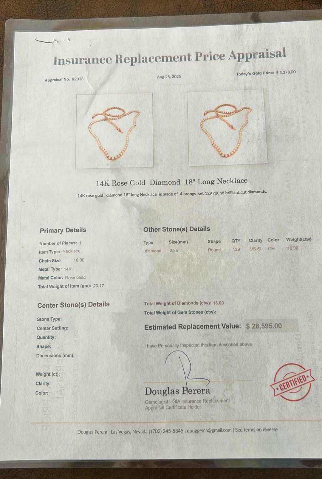 Photo 1 of 14K ROSE GOLD W 3.25 ctw DIAMOND 18" LONG  NECKLACE TTL GRAMS 23.17 W INSURANCE APPRAISAL ITEM #2036 