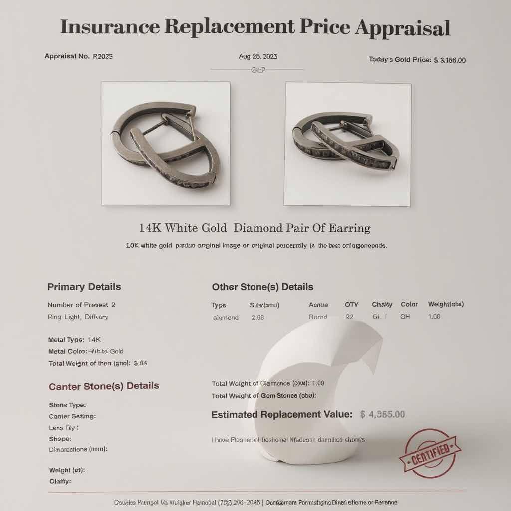 Photo 1 of 14K WHITE GOLD W 1.00 ctw DIAMOND EARRINGS TTL GRAMS 6.64 W INSURANCE APPRAISAL ITEM #2028  