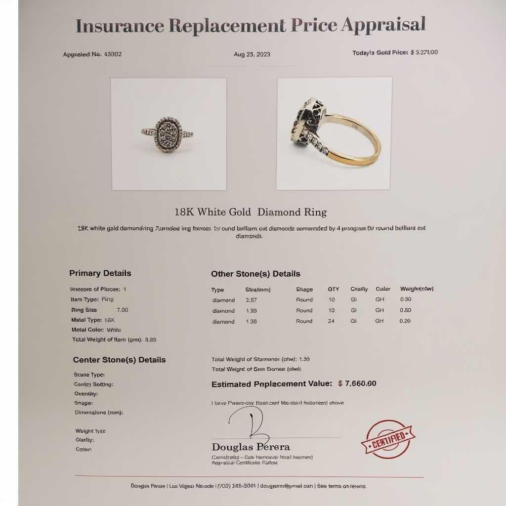 Photo 1 of 18K WHITE GOLD 1.35 ctw DIAMOND RING W INSURANCE APPRAISAL (APPROX SIZE 7) TTL GRAMS 5.83 ITEM #2001 