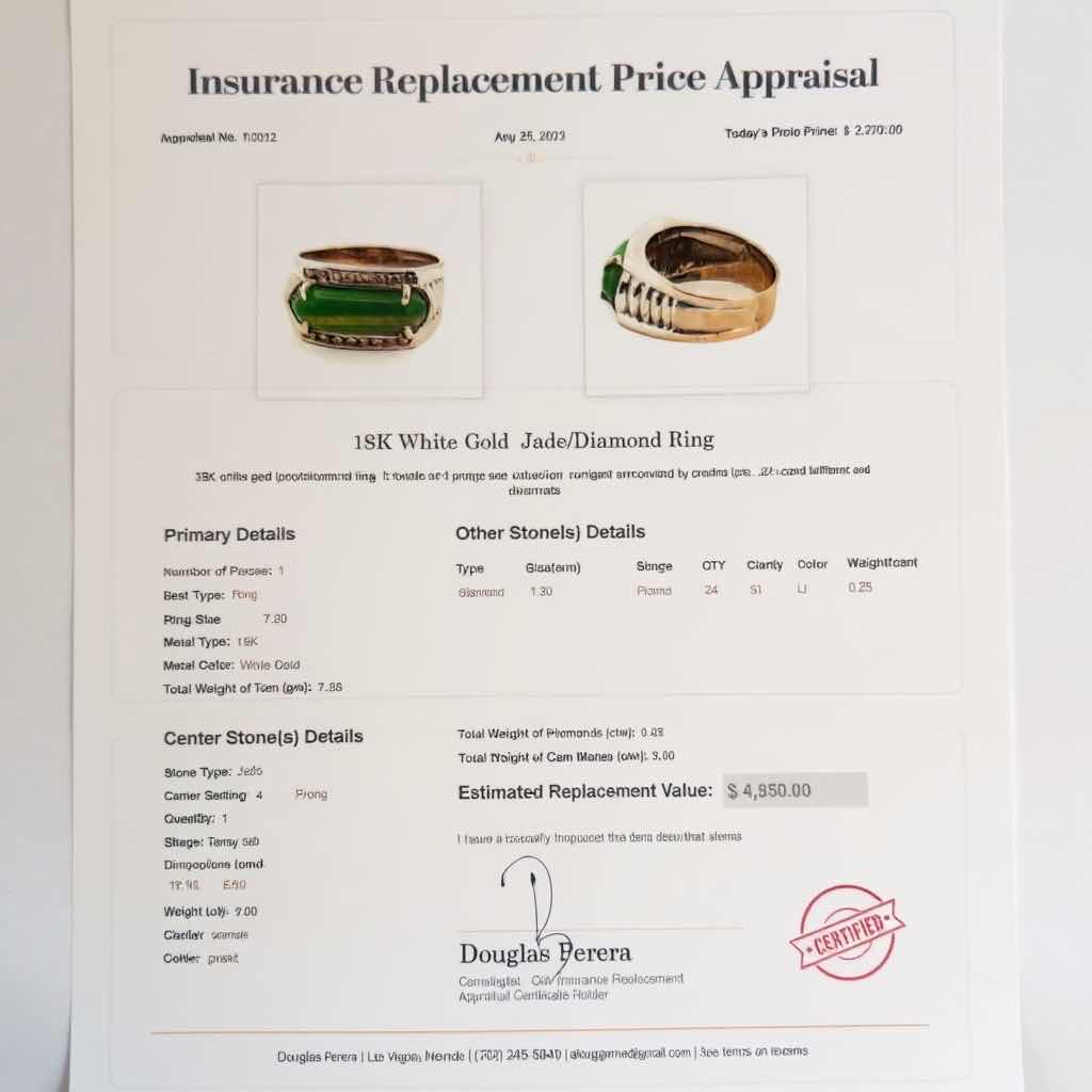 Photo 1 of 18K WHITE GOLD W 9.00 JADE & 0.25 DIAMOND RING W INSURANCE APPRAISAL (APPROX SIZE 6/7) TTL GRAMS 7.55 ITEM #2012 