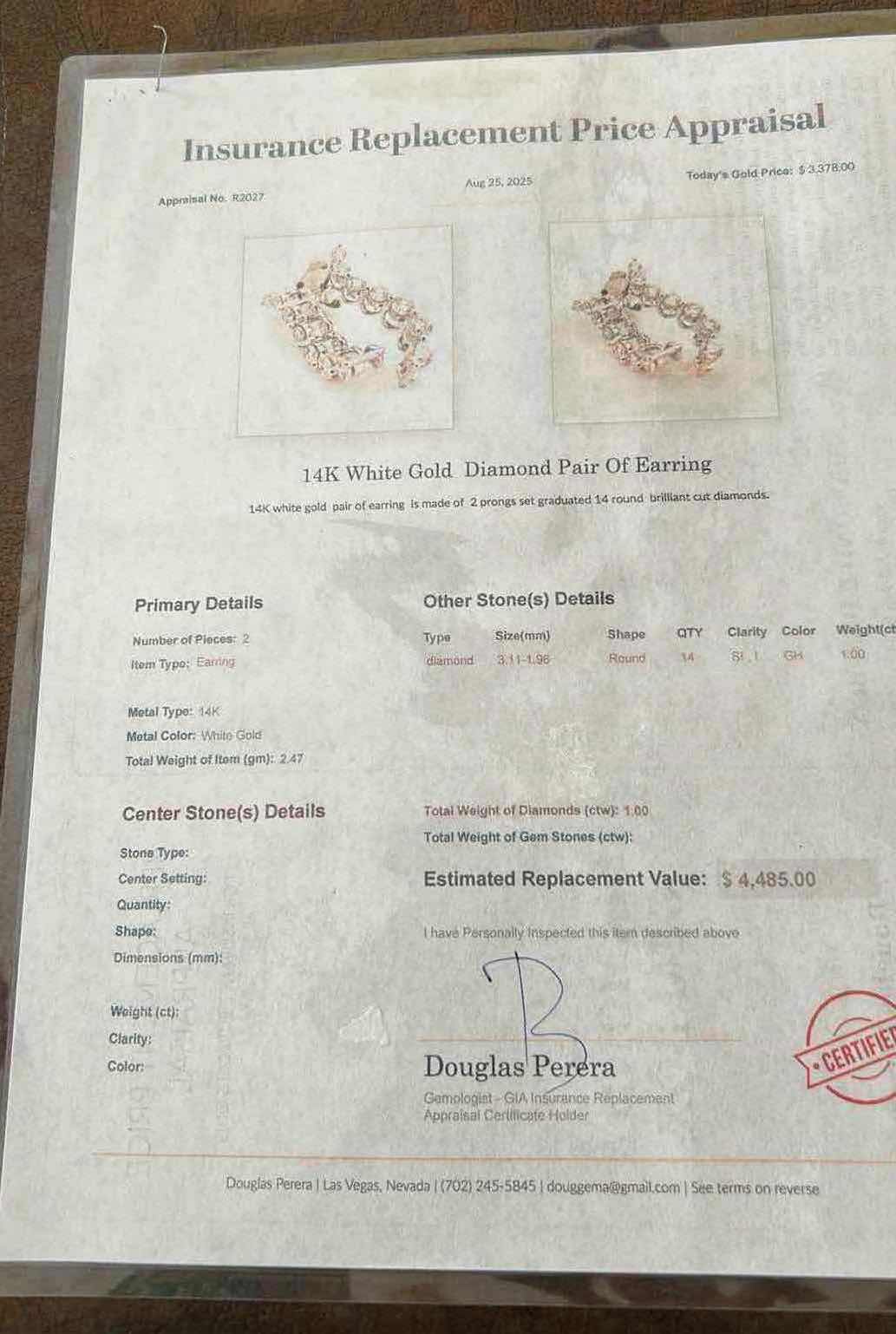 Photo 1 of 14K WHITE GOLD 1.00 ctw DIAMOND PAIR OF EARRINGS TTL GRAMS 2.47 W INSURANCE APPRAISAL ITEM #2027 