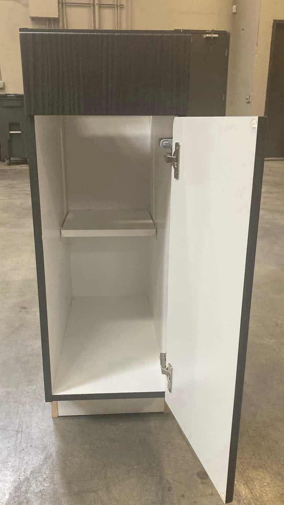 Photo 1 of LEEDO LINEA BLACK LAMINATE FINISH 1 DOOR 1 SHELF & DRAWER BASE CABINET 12” X 25” H35”