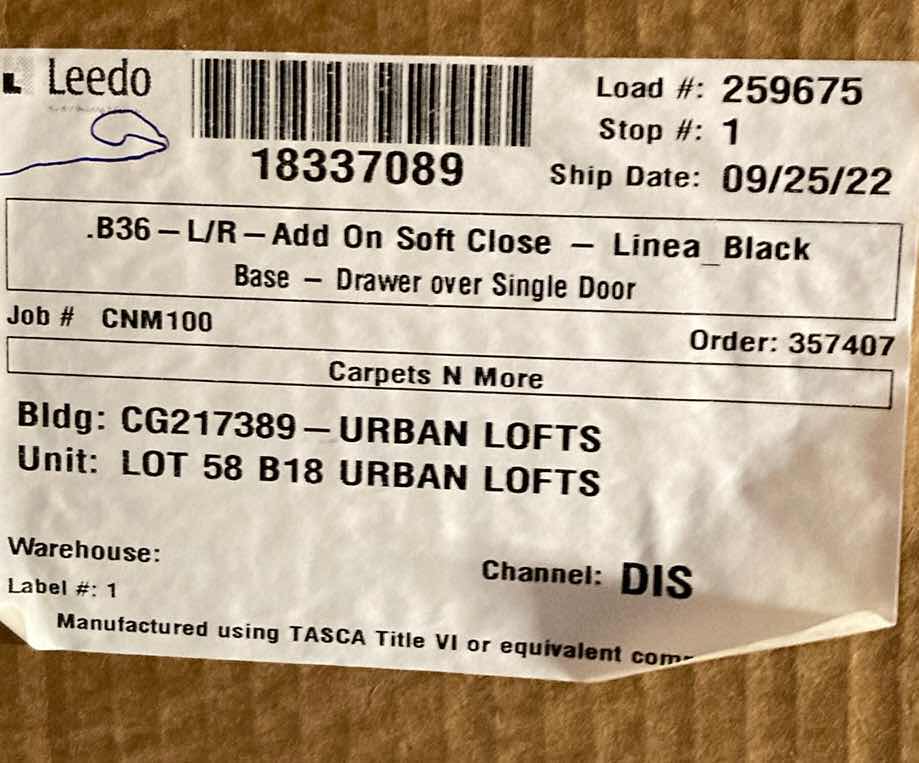 Photo 1 of LEEDO LINEA BLACK LAMINATE FINISH 2 DOOR 1 SHELF & 1 DRAWER BASE CABINET 36”X 25 H 34”