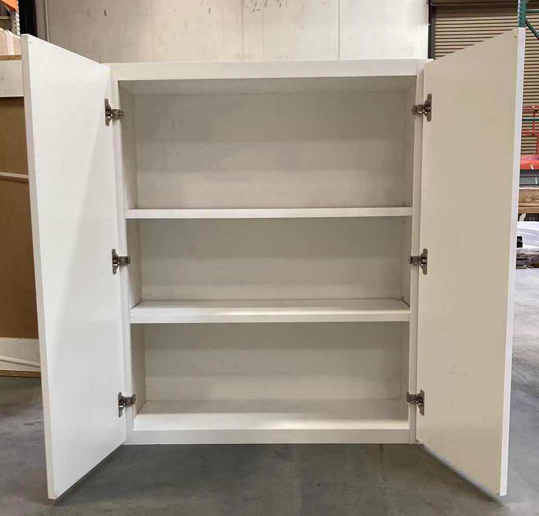 Photo 1 of LEEDO MIDWAY WHITE SATIN 2 DOOR 2 SHELF BASE CABINET 30” X 12” H36”