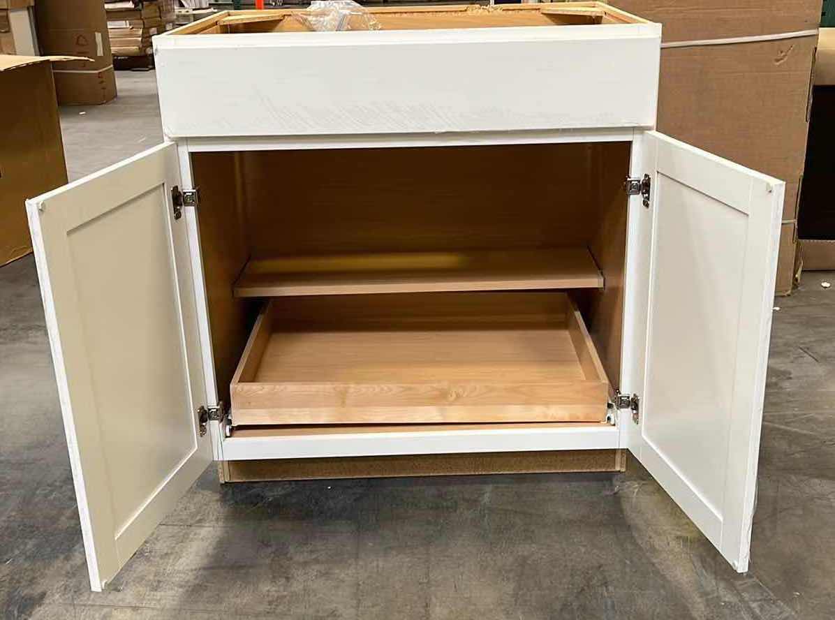 Photo 1 of ARISTOKRAFT BERLLIN WHITE 2 DOOR 1 DRAWER W ROLLOUT TRAY 32.25” X 24” H35”