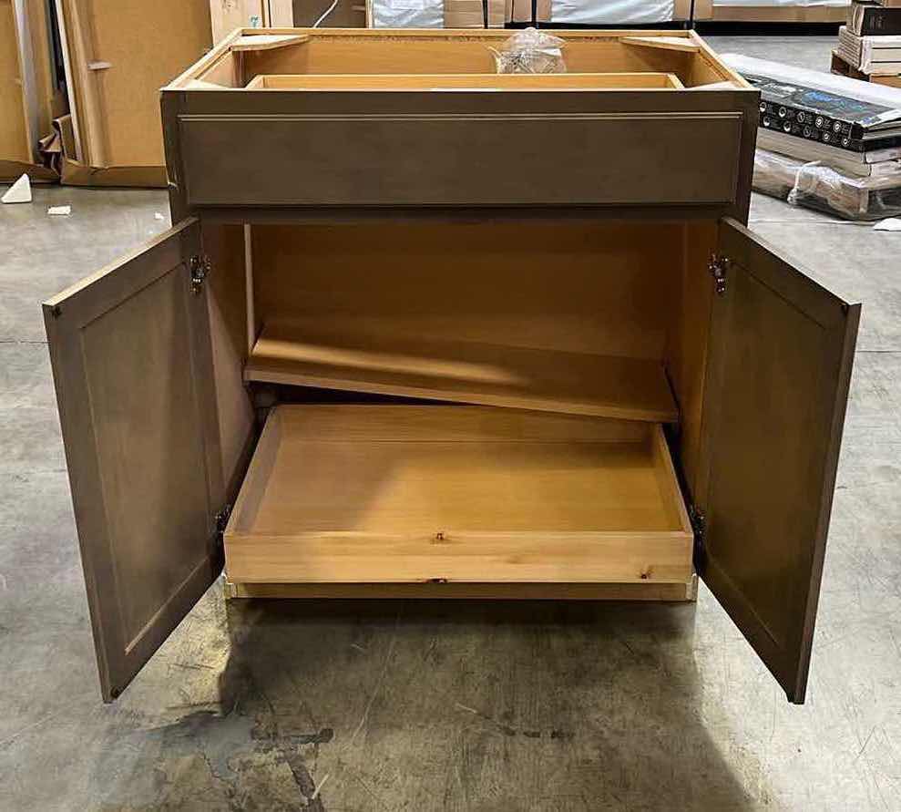 Photo 1 of ARISTOKRAFT AVALON MAPLE BURLAP 2 DOOR 1 DRAWER & 1 SHELF W ROLLOUT TRAY 32.25” X 24” H35”