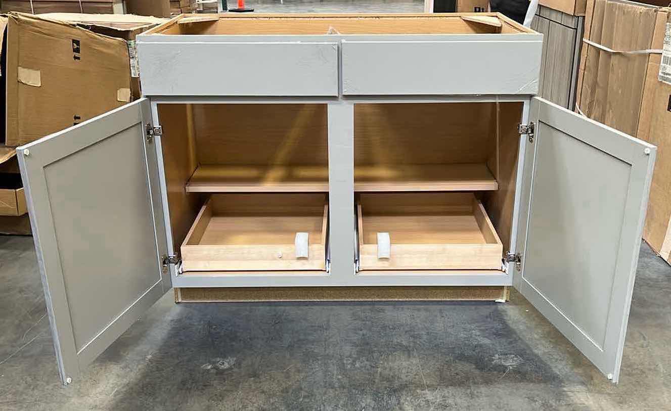 Photo 1 of ARISTOKRAFT BERLLIN STONE GREY 2 DOOR 2 DRAWER & 1 SHELF W 2 ROLLOUT TRAYS 44.5” X 24” H35.25”