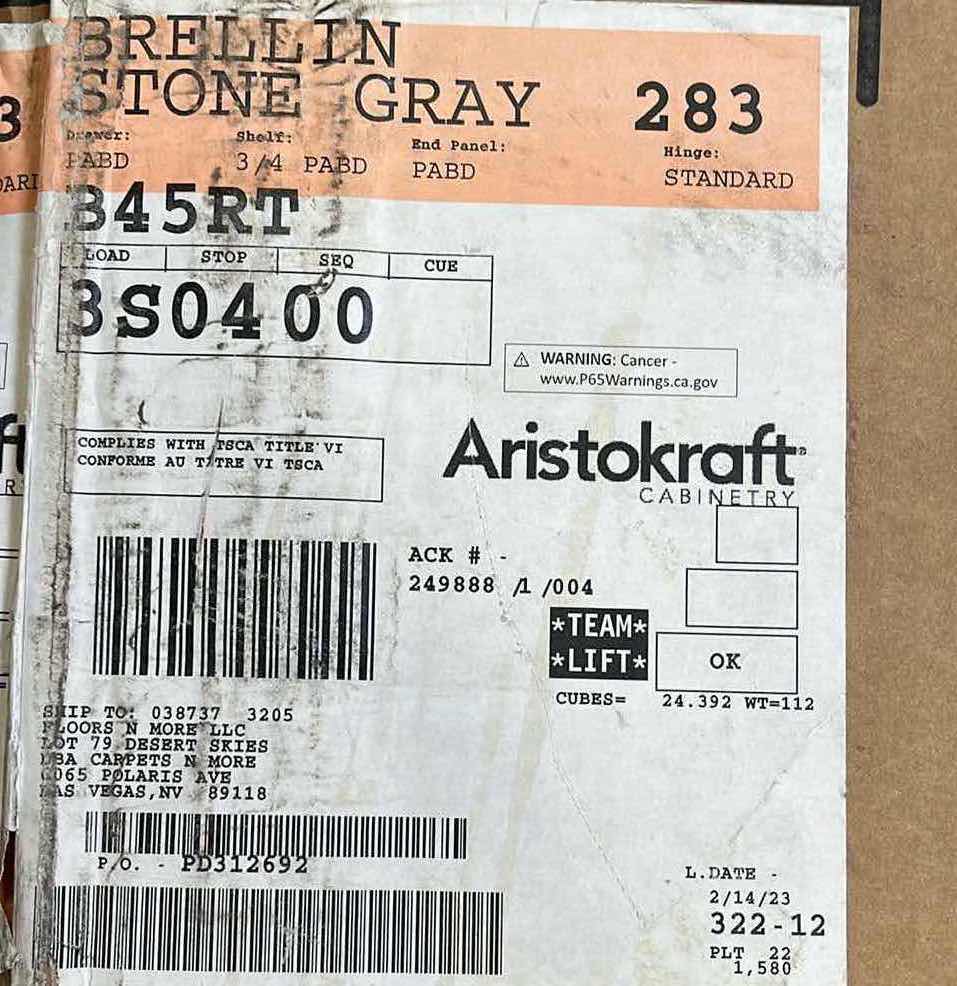 Photo 1 of ARISTOKRAFT BERLLIN STONE GREY 2 DOOR 2 DRAWER & 1 SHELF W 2 ROLLOUT TRAYS 44.5” X 24” H35.25”