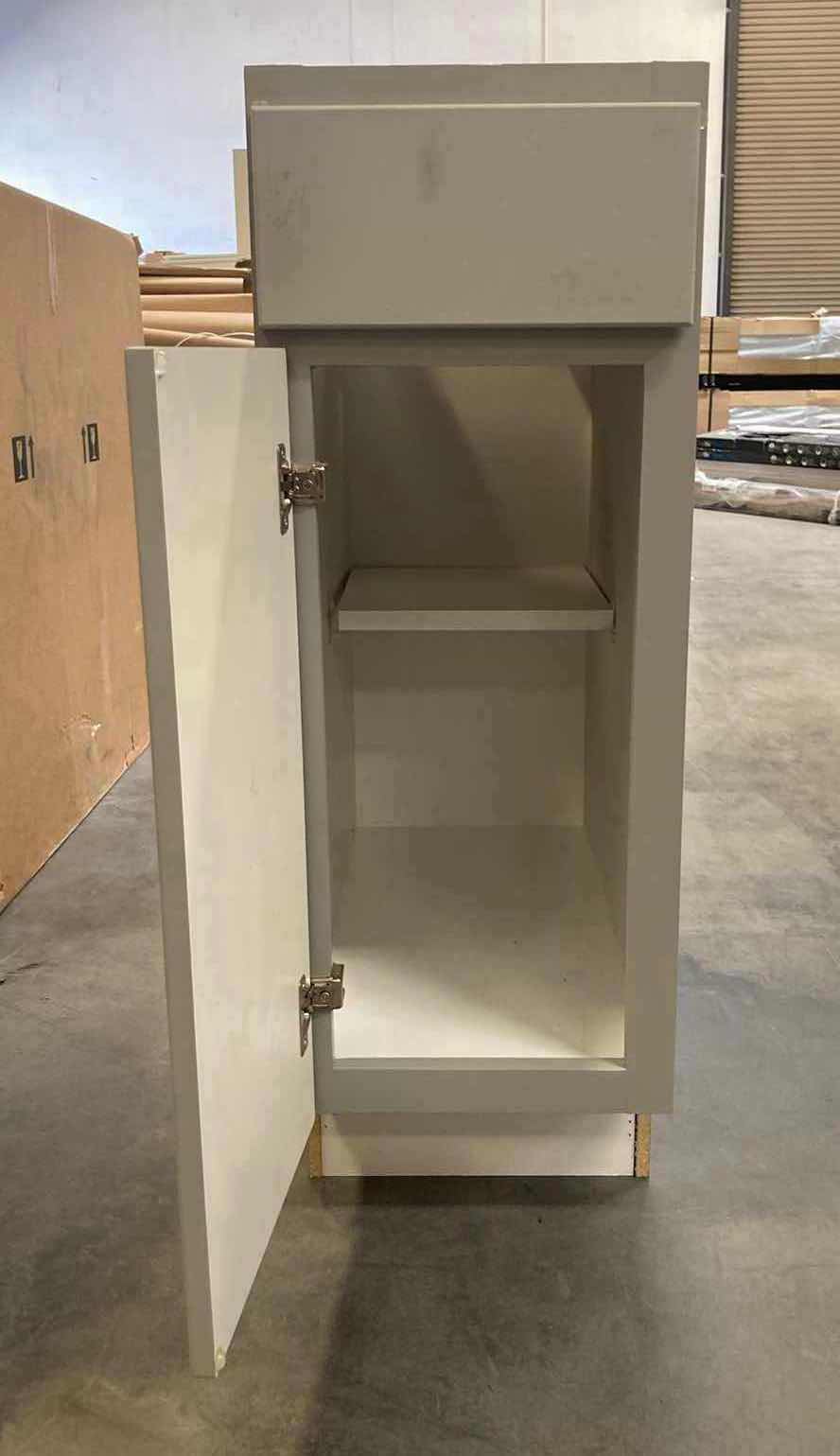 Photo 1 of LEEDO SAVOY WHITE PEBBLE FINISH 1 DOOR 1 DRAWER & 1 SHELF BASE CABINET 12” X 24” H34.5”