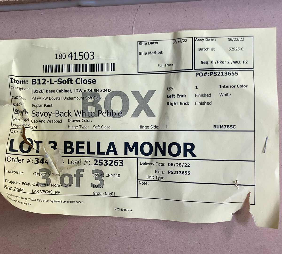 Photo 1 of LEEDO SAVOY WHITE PEBBLE FINISH 1 DOOR 1 DRAWER & 1 SHELF BASE CABINET 12” X 24” H34.5”