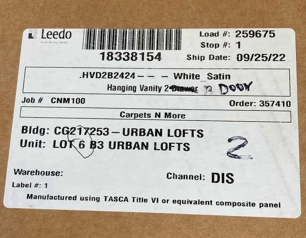 Photo 1 of LEEDO WHITE SATIN 2 DOOR 1 SHELF HANGING VANITY CABINET 24” X 21” H24”