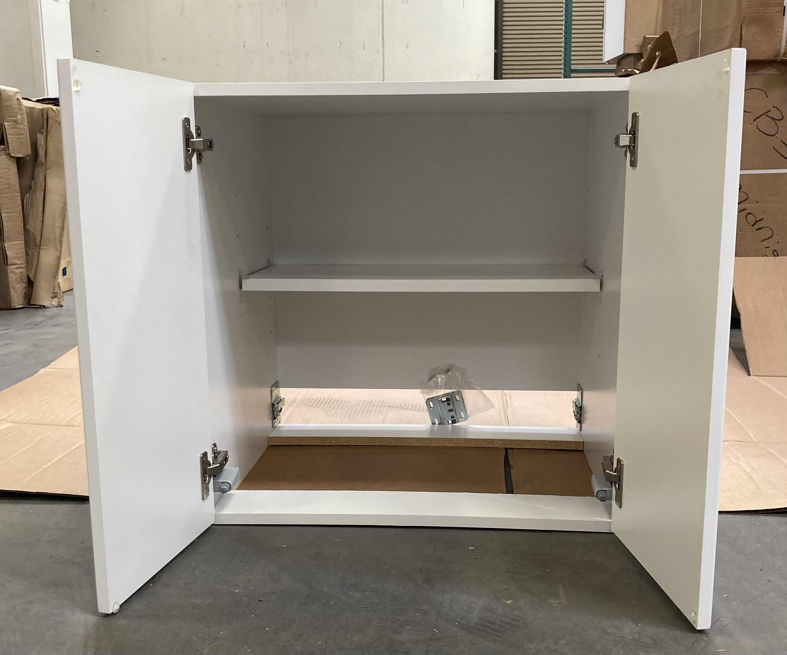 Photo 1 of LEEDO WHITE SATIN 2 DOOR 1 SHELF HANGING VANITY BASE CABINET 24” X 21” H24”