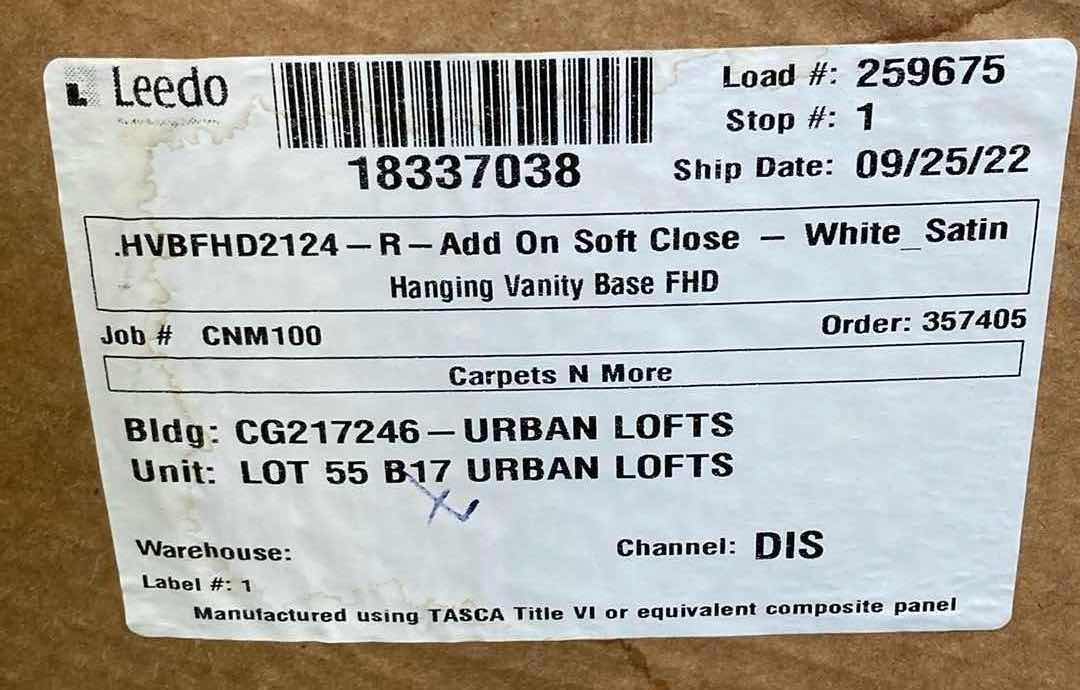 Photo 1 of LEEDO WHITE SATIN 2 DOOR 1 SHELF HANGING VANITY BASE CABINET 21” X 21” H24”