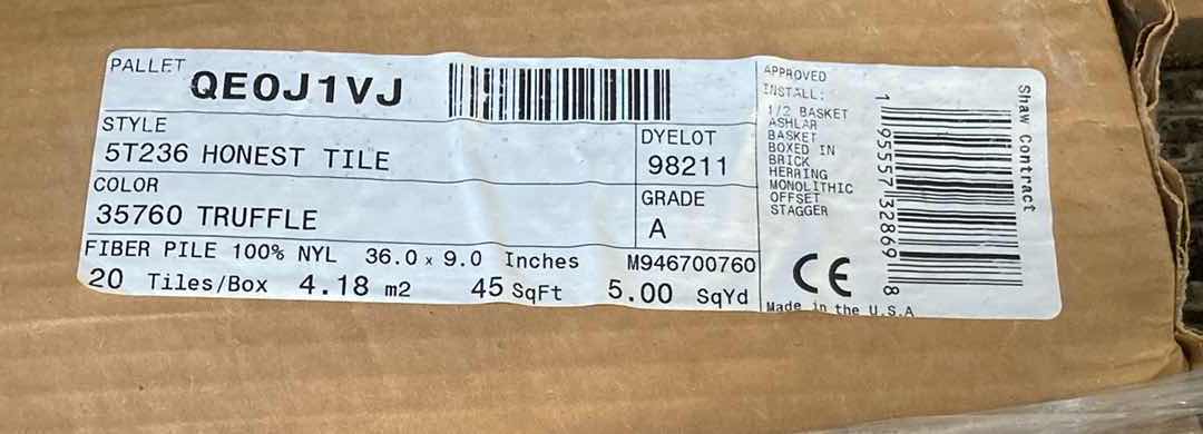 Photo 1 of SHAW HONEST CARPET TILE TRUFFLE FINISH GLUE DOWN TILE 9” X 36” (45SQFT PER CASE/15CASES APPROX 675SQFT TOTAL) READ NOTES