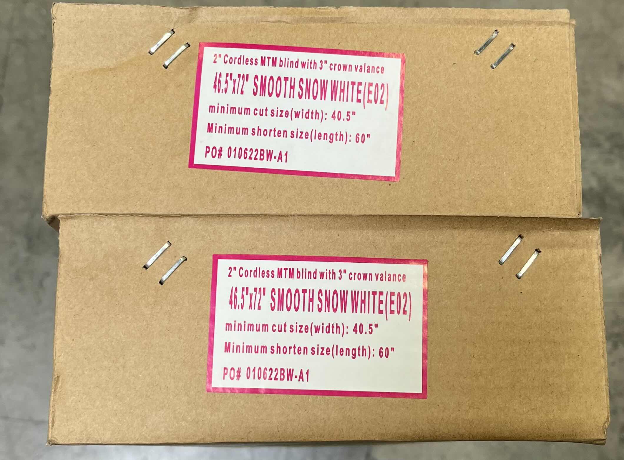 Photo 1 of A BETTER BLIND SMOOTH SNOW WHITE FINISH 2” CORDLESS FAUXWOOD BLINDS W 3” CROWN VALANCE (SET OF 2) 46.5” X 72”