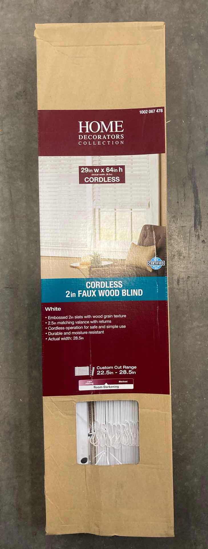 Photo 1 of HOME DECORATORS COLLECTION WHITE FAUX WOOD CORDLESS BLINDS 29” X 64” (PAIR OF 2)
