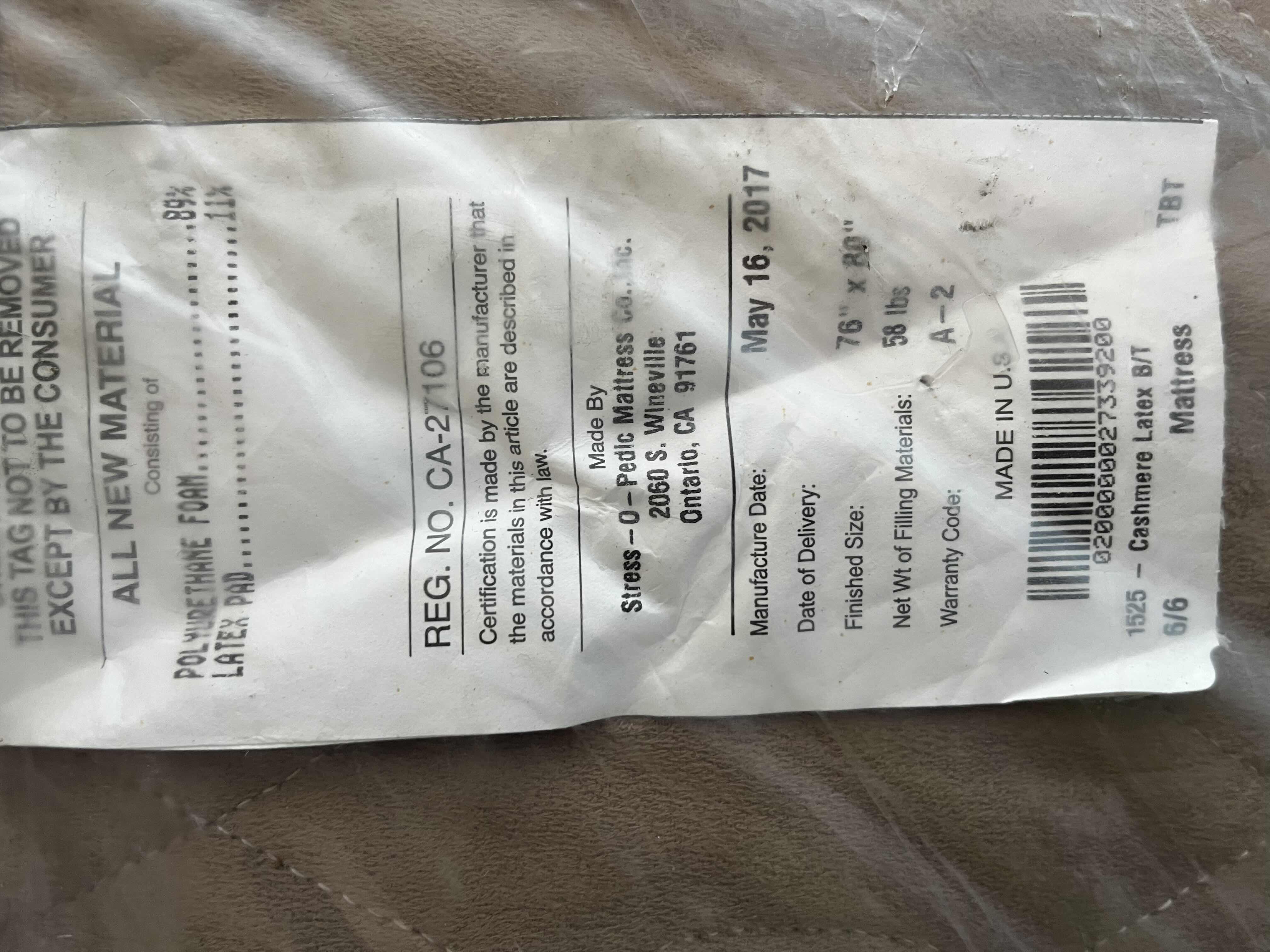 Photo 1 of STRESS-O-PEDIC CHATEAU COLLECTION CASHMERE WOOL KING SIZE MATTRESS