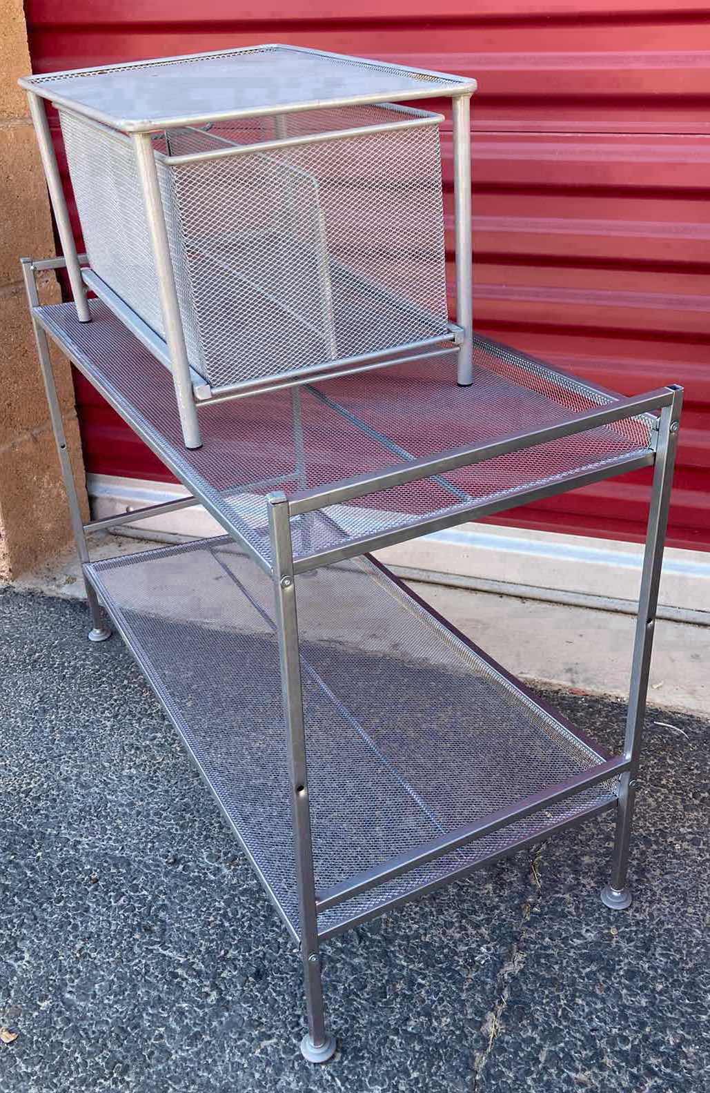 Photo 1 of METAL MESH 2 TIER SHELF AND SMALL STORAGE SHELF  16” X 10.5” H9.25” & 26.5” X 12” H19.5”