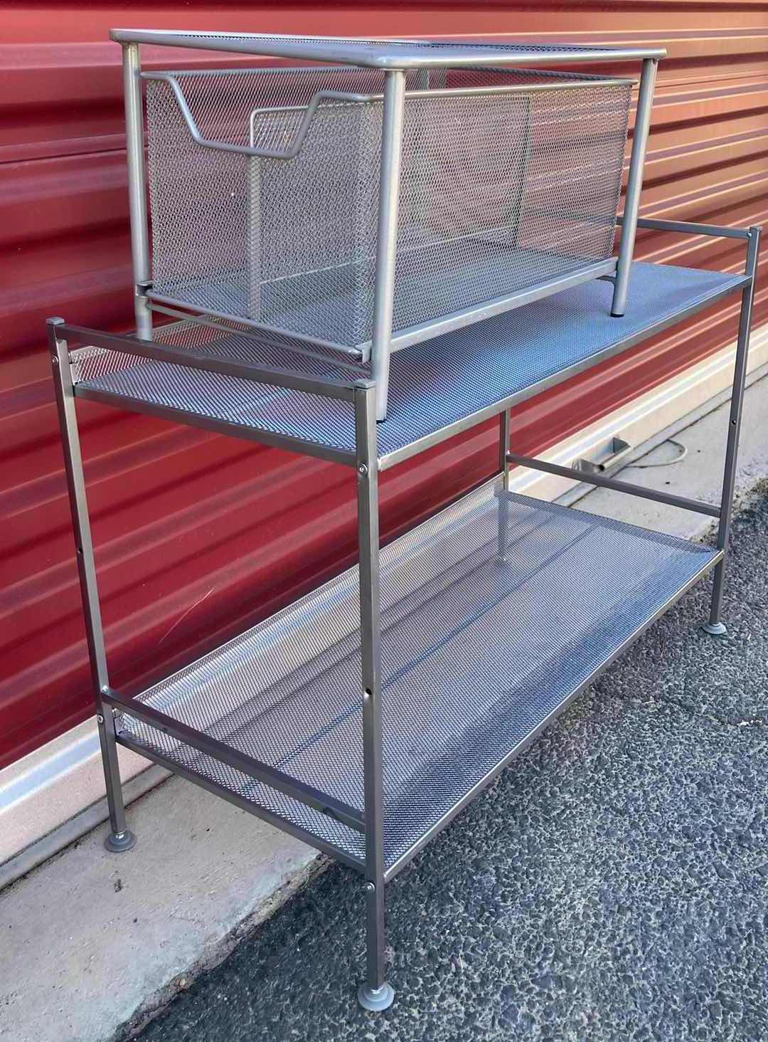 Photo 1 of METAL MESH 2 TIER SHELF AND SMALL STORAGE SHELF  16” X 10.5” H9.25” & 26.5” X 12” H19.5”