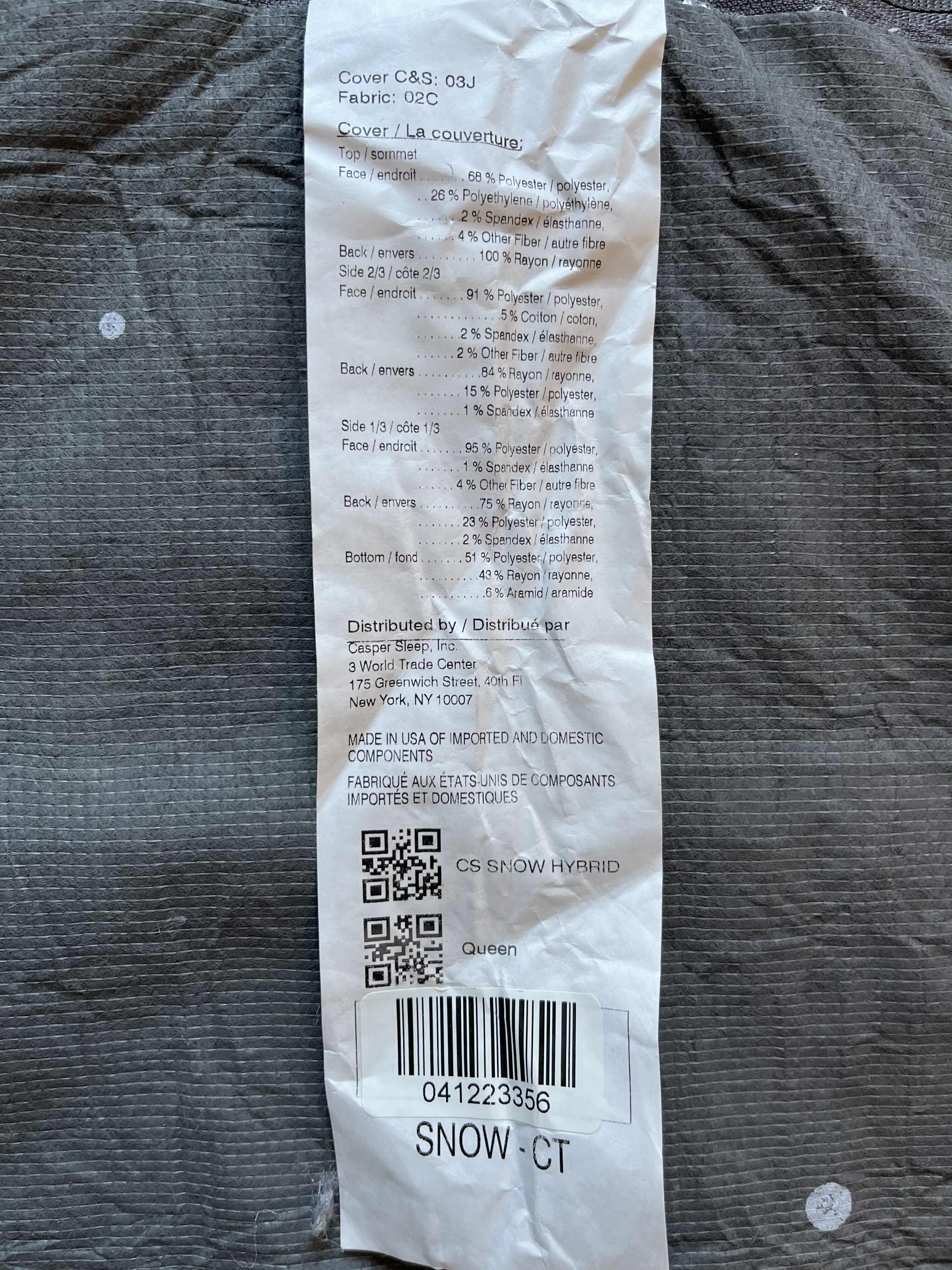 Photo 1 of CASPER THE SNOW HYBRID QUEEN SIZE MATTRESS