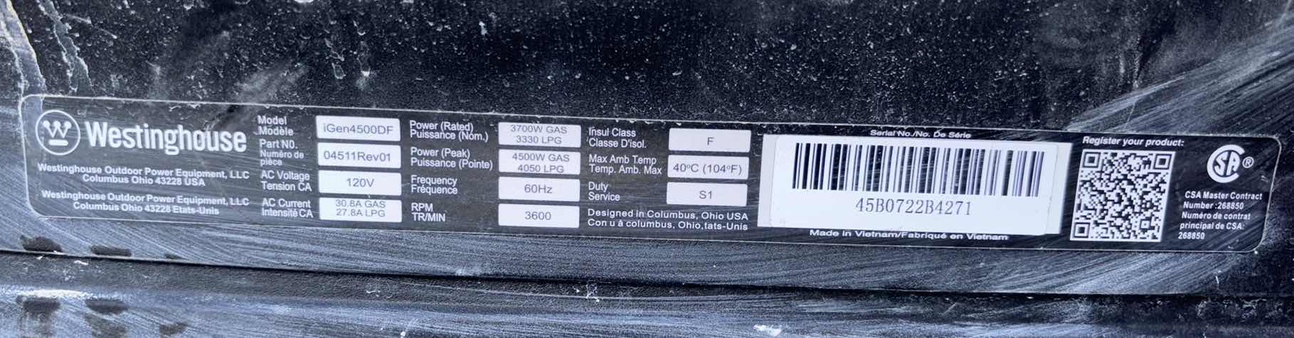 Photo 11 of WESTINGHOUSE INVERTER GENERATOR, DUAL FUEL (iGEN4500DF)