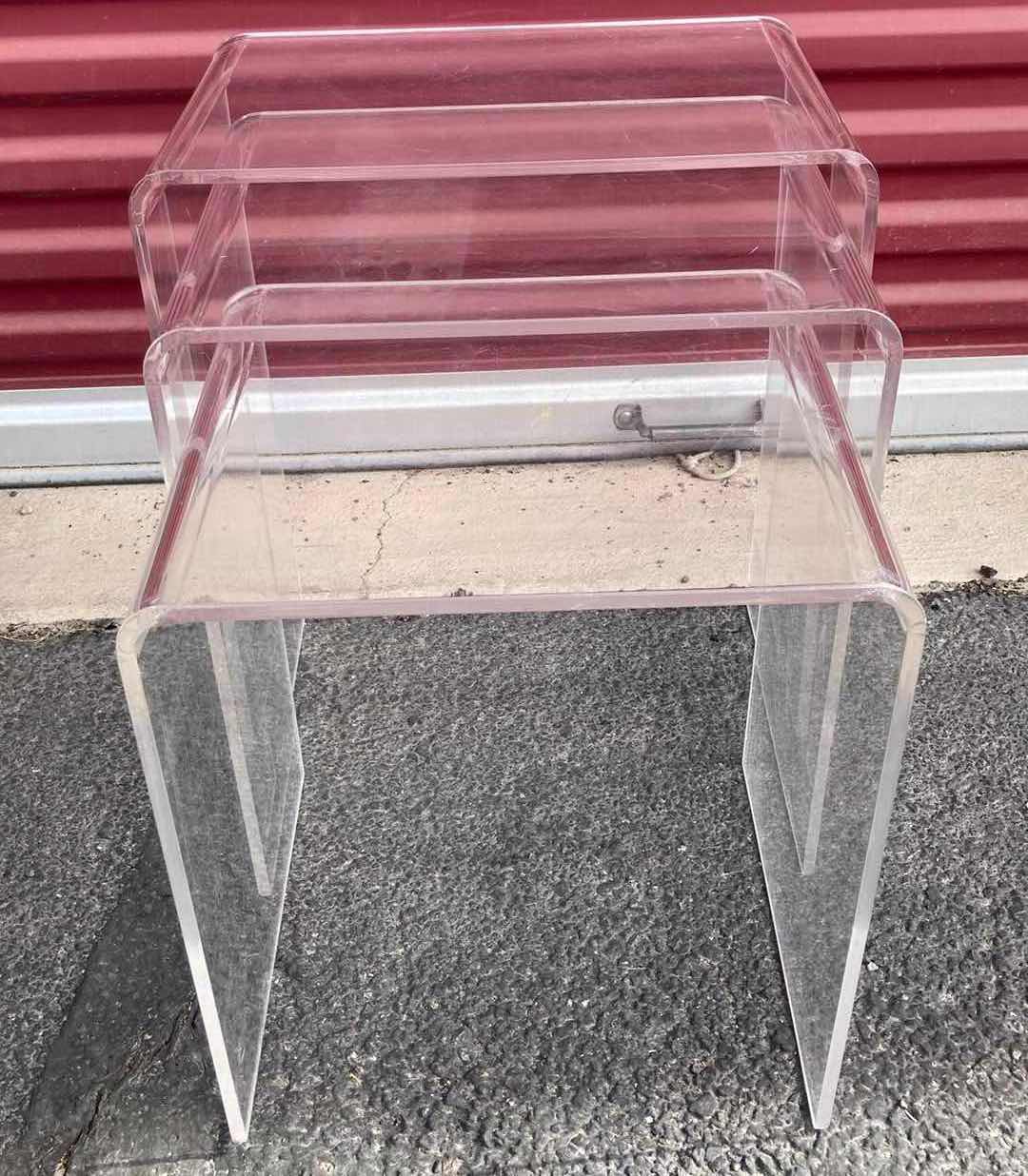 Photo 1 of CLEAR ACRYLIC WATERFALL STYLE SIDE TABLES (SET OF 3)