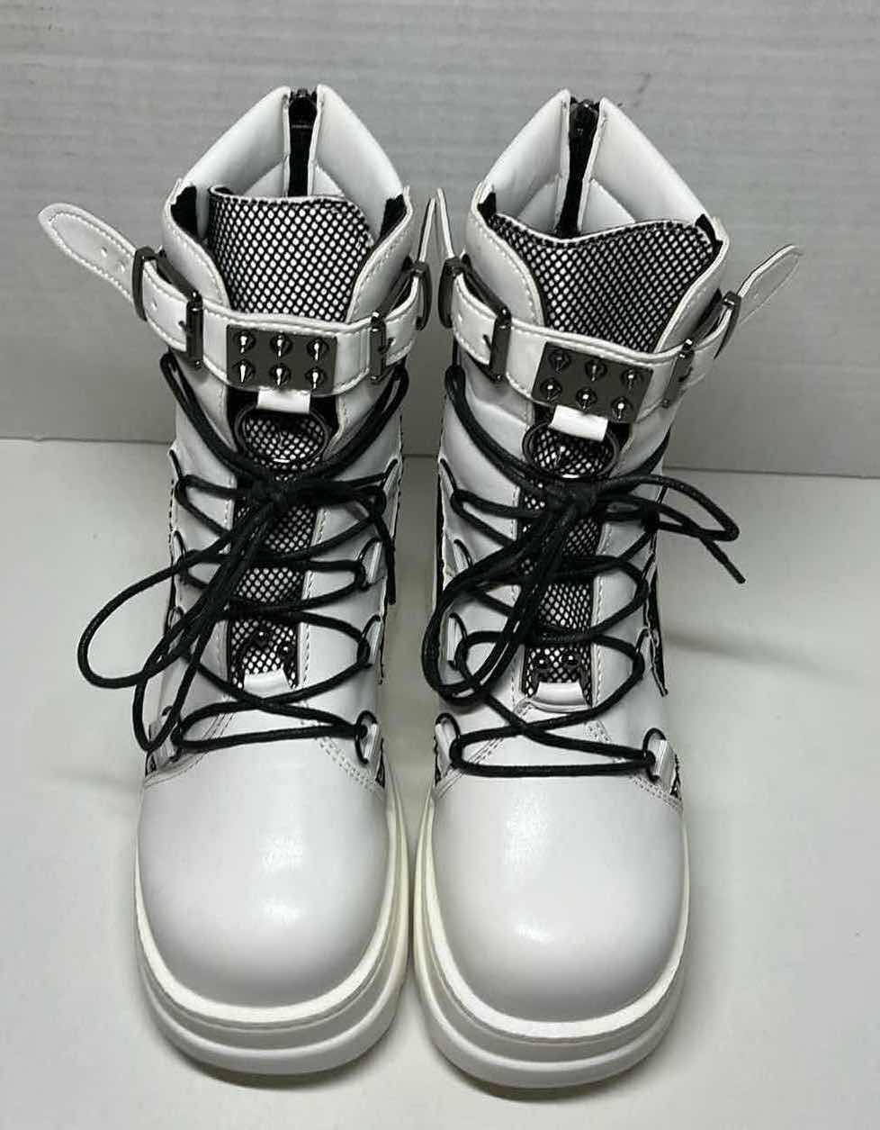 Photo 1 of PUNK ROCK STYLE 14” HIGH WHITE LEATHER & BLACK LACE PLATFORM BOOTS WOMENS SIZE 8/8.5