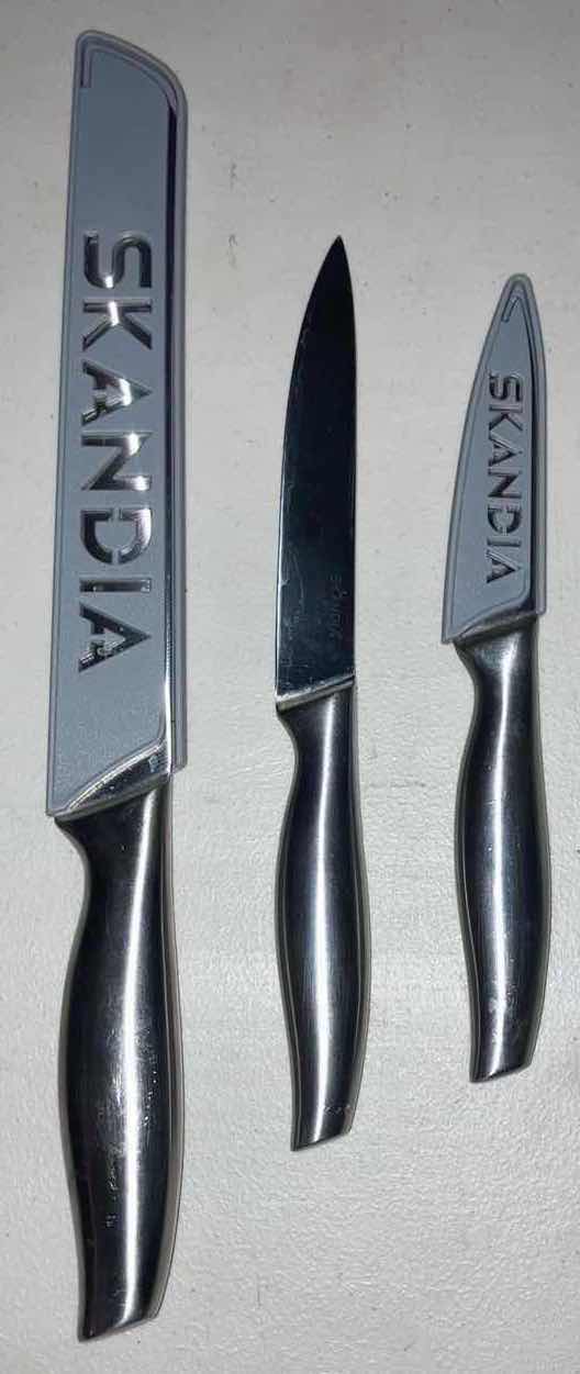 Photo 1 of SKANDIA CUTLERY STAINLESS STEEL KNIVES W BLADE GUARDS (3)