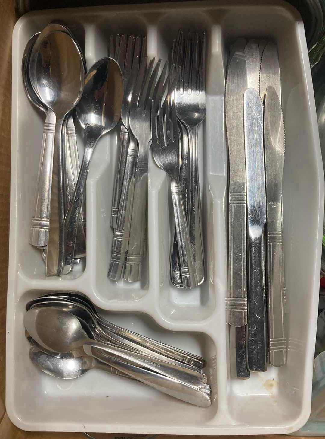 Photo 1 of CONTENTS OF BOX- CUTTING BOARD, BAKING DISHES, FLATWARE & KITCHEN ACCESSORIES