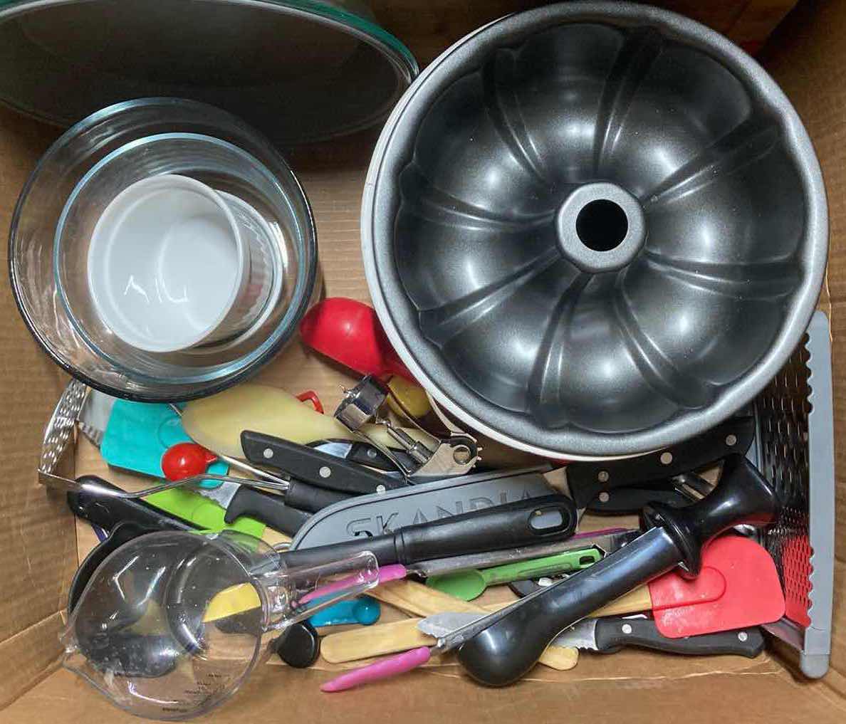 Photo 1 of CONTENTS OF BOX- CUTTING BOARD, BAKING DISHES, FLATWARE & KITCHEN ACCESSORIES