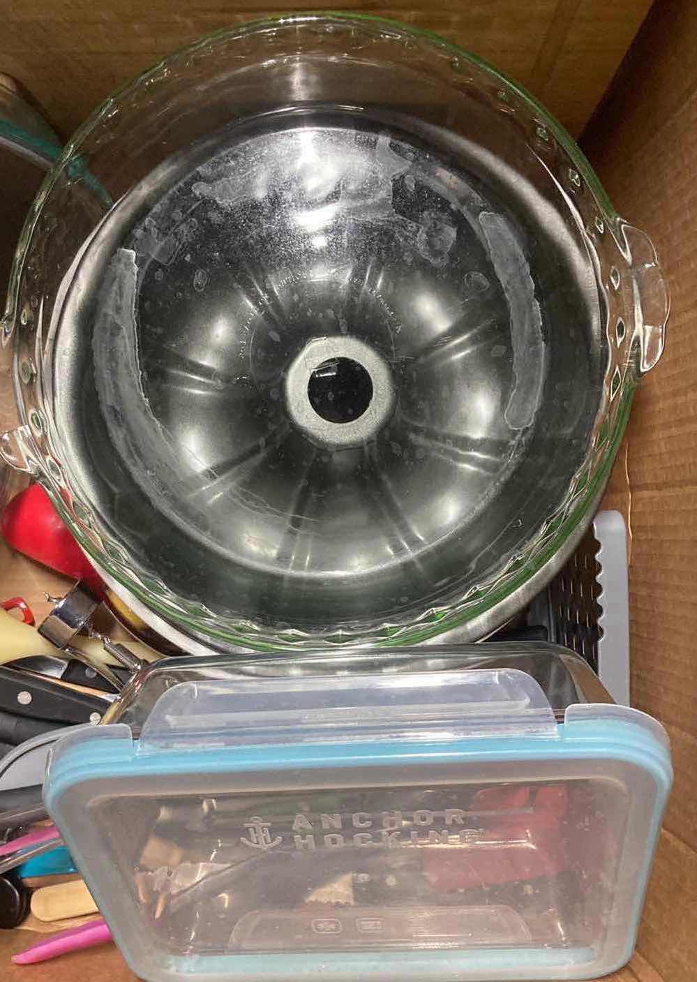 Photo 1 of CONTENTS OF BOX- CUTTING BOARD, BAKING DISHES, FLATWARE & KITCHEN ACCESSORIES