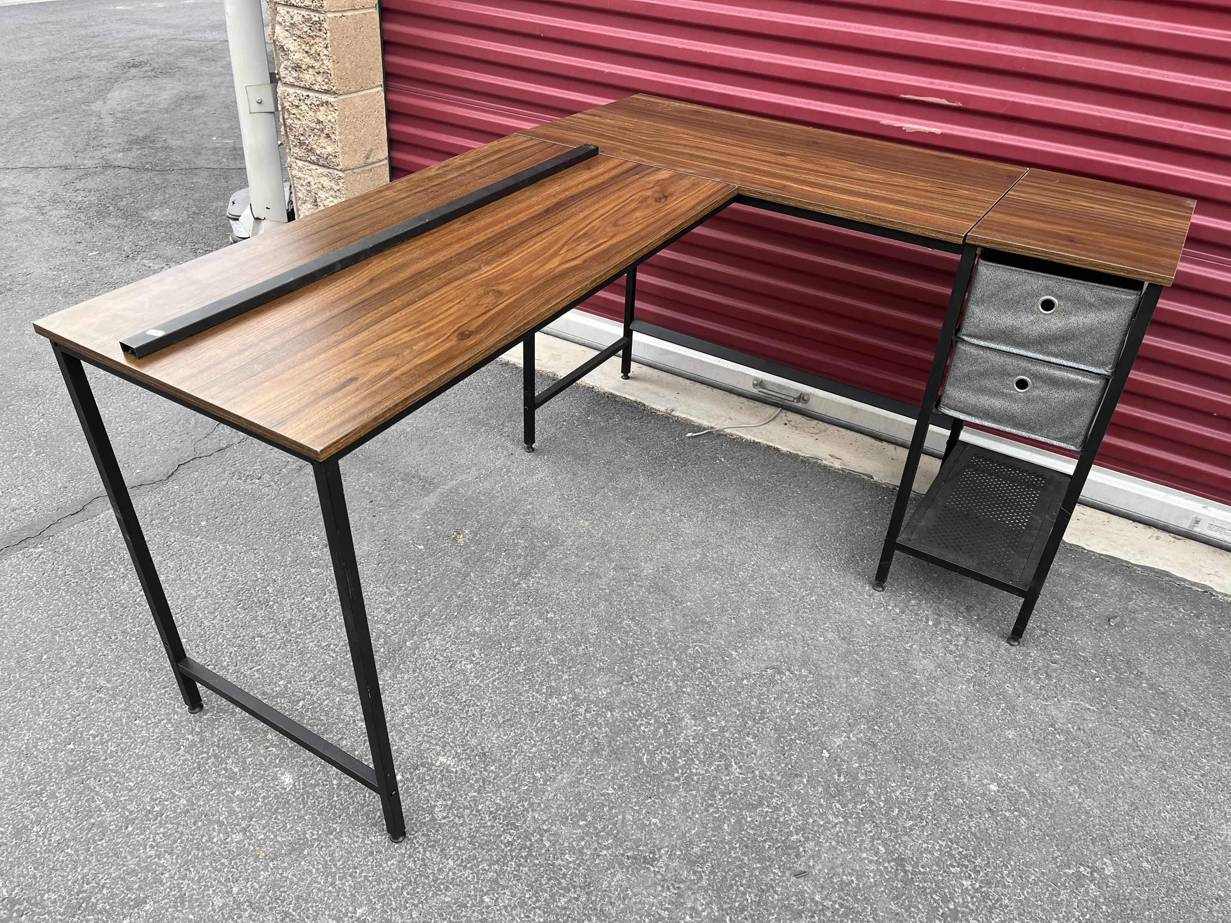 View 1 of WOOD FINISH BLACK METAL FRAME L SHAPE WORK COMPUTER DESK L47.5” X 59.25” H29.5”