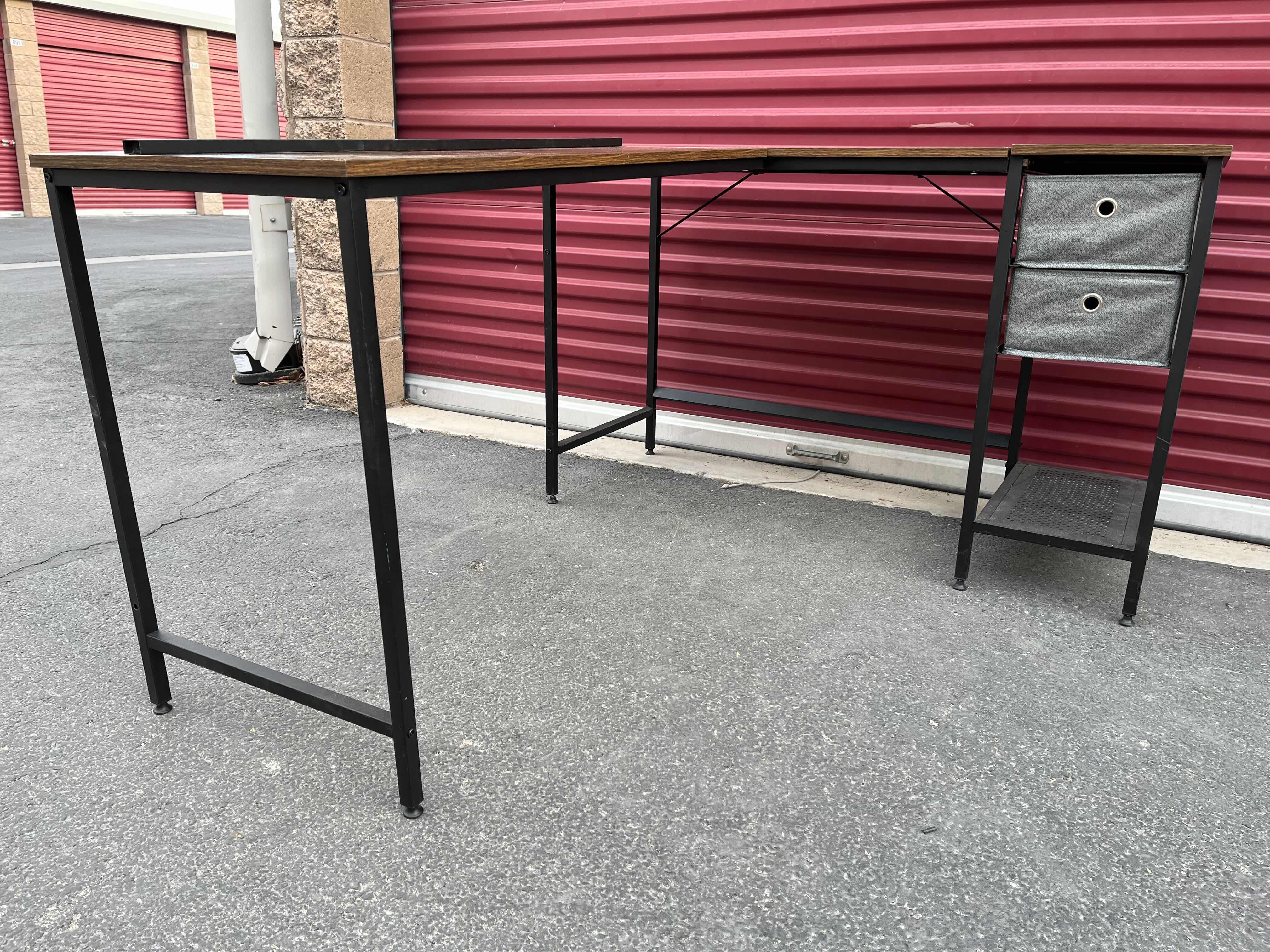 View 2 of WOOD FINISH BLACK METAL FRAME L SHAPE WORK COMPUTER DESK L47.5” X 59.25” H29.5”