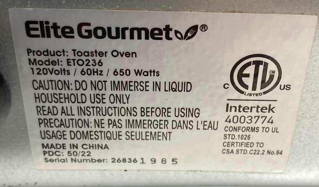 Photo 6 of ELITE GOURMET 2-SLICE TOASTER OVEN MODEL ETO236
