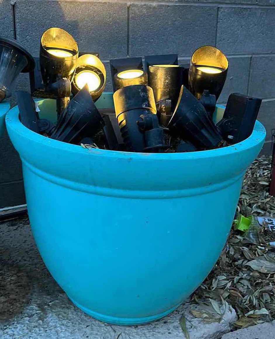 Photo 1 of LANDSCAPE LIGHTS (20) W OUTDOOR PAINTED TEAL PLASTIC PLANTERS (2) 22” X 16.5”