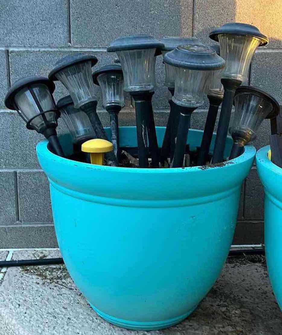 Photo 1 of LANDSCAPE LIGHTS (20) W OUTDOOR PAINTED TEAL PLASTIC PLANTERS (2) 22” X 16.5”