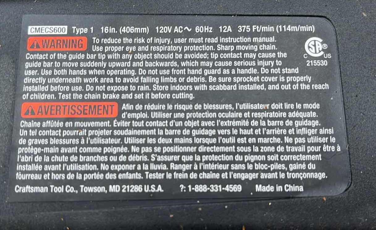 Photo 1 of CRAFTSMAN 16” ELECTRIC CHAINSAW MODEL CMECS600