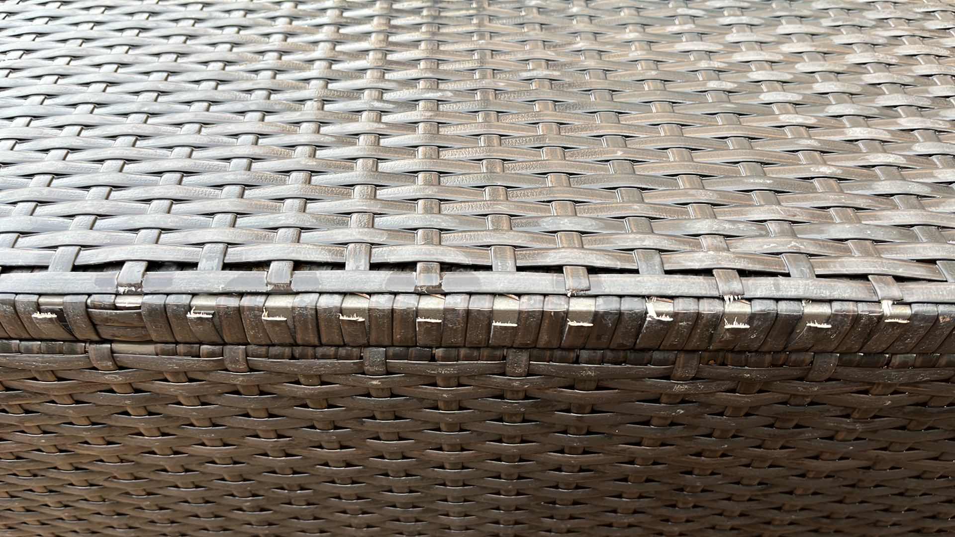 View 8 of PATIOJOY WOVEN AGED BRONZE FINISH PATIO 4PC SOFA 112” X 29.5” H25.5” W OTTOMAN & GLASS TOP TABLE